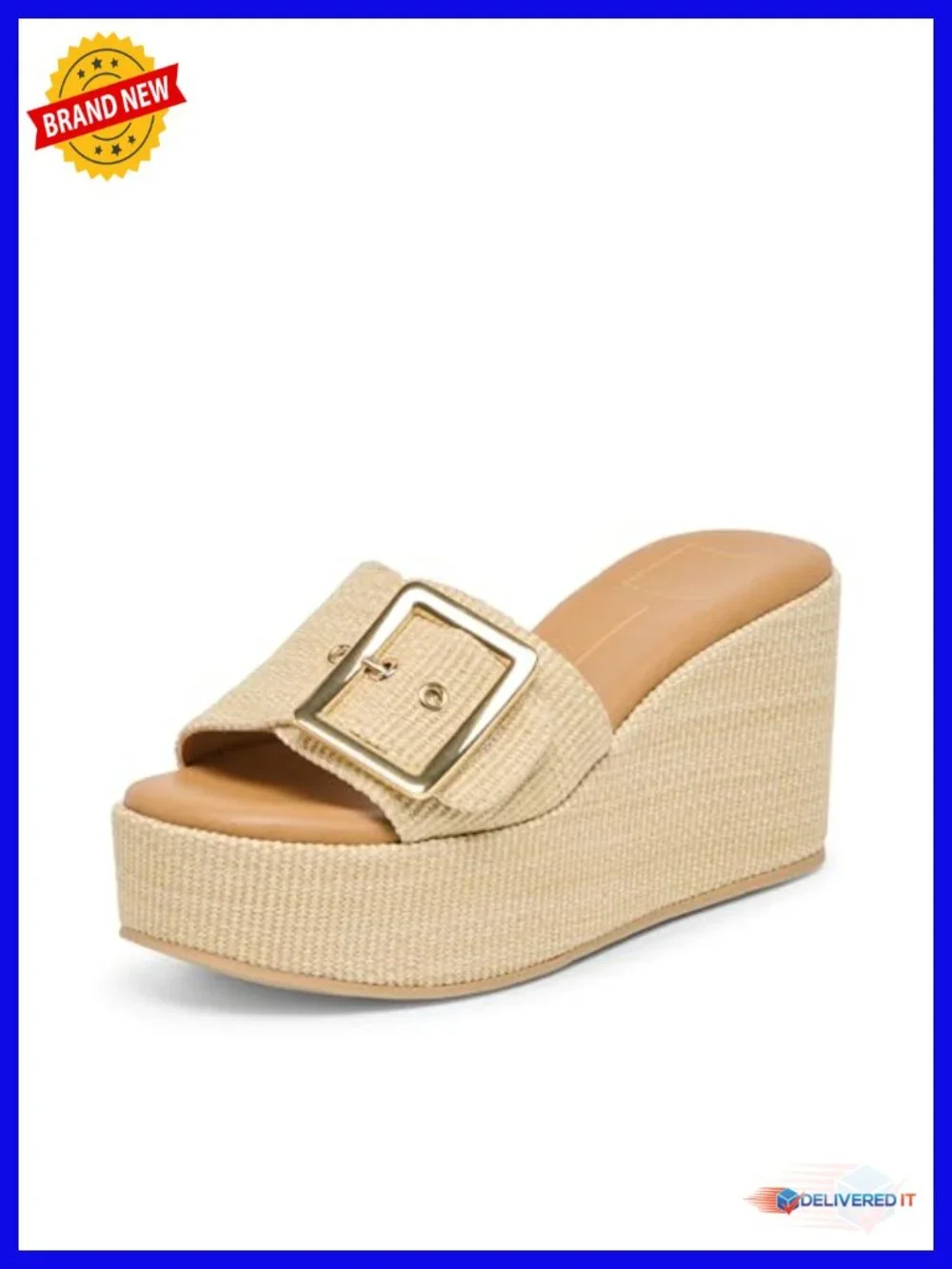 Linen Wedge Sandals with Buckle Closure, Open Toe, Single Strap